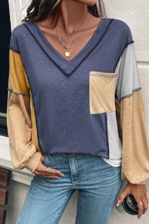 Sail Blue Exposed Stitching Colorblock V Neck Long Sleeve Top - Image 4