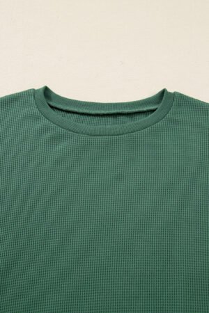 Evergreen Solid Color Raw Seam Patchwork Ribbed Drop Shoulder Sweatshirt - Image 6