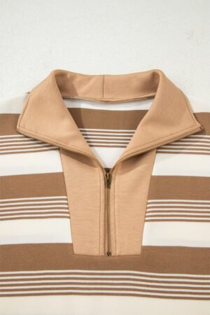 Khaki Stripe Zip Collar Patchwork Vintage Fashion Sweatshirt - Image 5