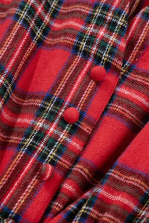 Red Christmas Plaid V Neck 3/4 Sleeve Tie Waist Ruffle Hem Long Dress - Image 4