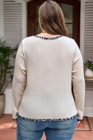 Parchment Ribbed Contrast Leopard Edge Round Neck Plus Knit Top - Image 2