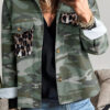 Green Camo Leopard Patchwork Flap Pocket Crop Jacket
