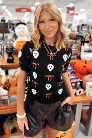 Black Short Puff Sleeve Bow Knot Plush Skeleton Halloween Sweater - Image 3