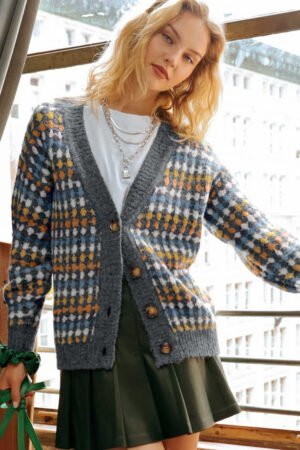 Gray Dotty Pattern Knit Button Front V Neck Sweater Cardigan - Image 3