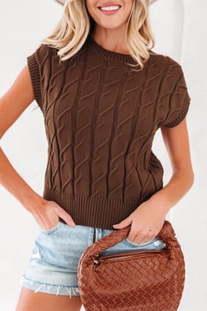 Dark Brown Cable Texture Crew Neck Short Sleeve Sweater Top - Image 16