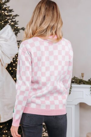 Pink Checkered Christmas Tree Pattern Button V Neck Cardigan Sweater - Image 6