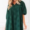 Blackish Green Embroidered Eyelet Pattern 3/4 Puffy Sleeve Swing Mini Dress