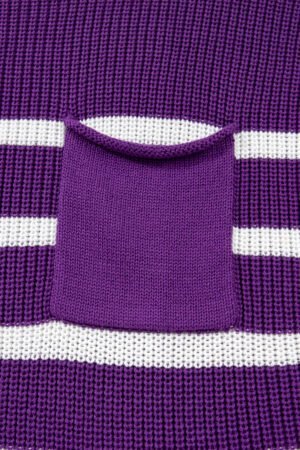 Purple Stripe Raw Edge Patched Pocket Short Sleeve Knit Sweater - Image 7