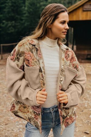 Khaki Floral Waffle Knit Patchwork Chest Pockets Buttoned Jacket - Image 3