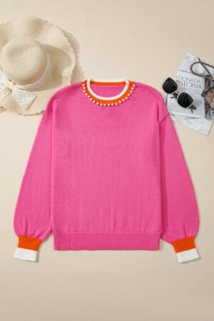 Sachet Pink Contrast Crew Neck Pearled Decor Drop Shoulder Knit Sweater - Image 5