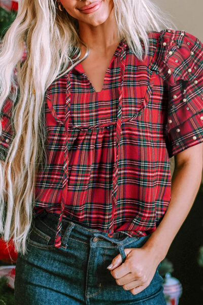 Red Festive Plaid Pearl Embellished Ruffle Short Sleeve Blouse