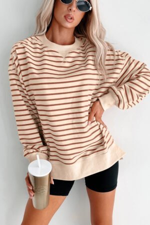 Khaki Stripe Ribbed Band Seam Detail Baggy Sweatshirt - Image 4