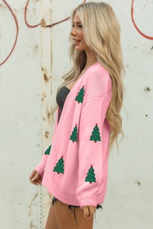 Light Pink Christmas Tree Print Open Front Drop Shoulder Midi Cardigan - Image 3