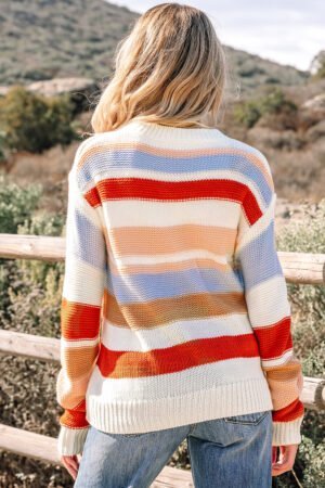 Pink Striped Colorblock Round Neck Drop Shoulder Sweater - Image 13