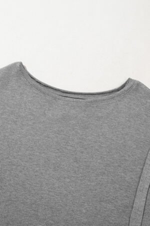 Gray Waffle knit Bishop Sleeve Split Oversized Top - Image 7