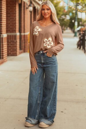 Straw Yellow Floral Patchwork V Neck Long Sleeve T Shirt - Image 5