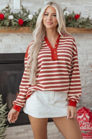 Red Stripe Buttoned V Neck Collared Drop Shoulder Top - Image 10