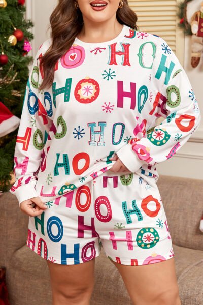 White Plus Size Christmas Ho Ho Ho Print Long Sleeve Top and Shorts 2pc Lounge Set