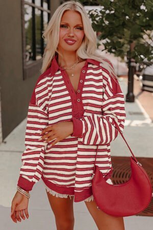 Red Stripe Buttoned V Neck Collared Drop Shoulder Top - Image 4