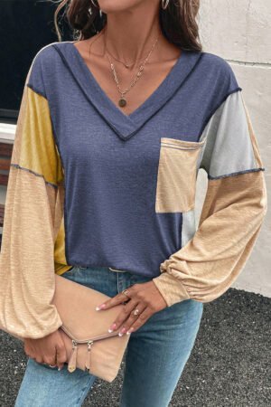 Sail Blue Exposed Stitching Colorblock V Neck Long Sleeve Top - Image 3