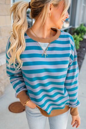 Sky Blue Stripe Contrast Color Ribbed Trim Round Neck Drop Shoulder Sweatshirt - Image 4