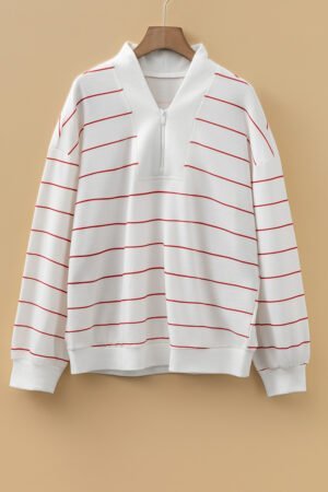 Fiery Red Zip V Neck Casual Stripe Print Drop Shoulder Long Sleeve Top - Image 4