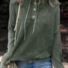 Mist Green Mineral Wash Ribbed Knit Button Drawstring Neck Hooded Sweater