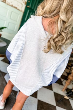 Light Grey Oversized Striped Colorblock Dolman Sleeve Collared Casual Top - Image 2