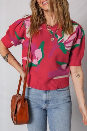Red Floral Abstract Print Short Puff Sleeve Sweater - Image 3