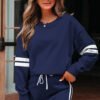 Navy Blue Varsity Stripe Detail Drop Shoulder Pullover Mini Skirt Set
