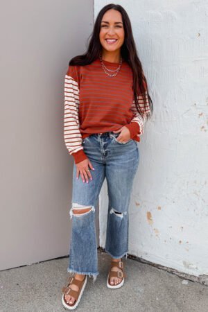Orange Stripe Contrast Sleeve Patchwork Drop Shoulder Long Sleeve Sweatshirt - Image 4