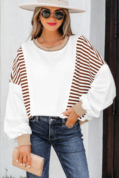 Brown Stripe Colorblock Patchwork Contrast Stitching Oversize Sweatshirt