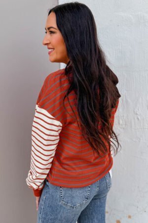 Orange Stripe Contrast Sleeve Patchwork Drop Shoulder Long Sleeve Sweatshirt - Image 2