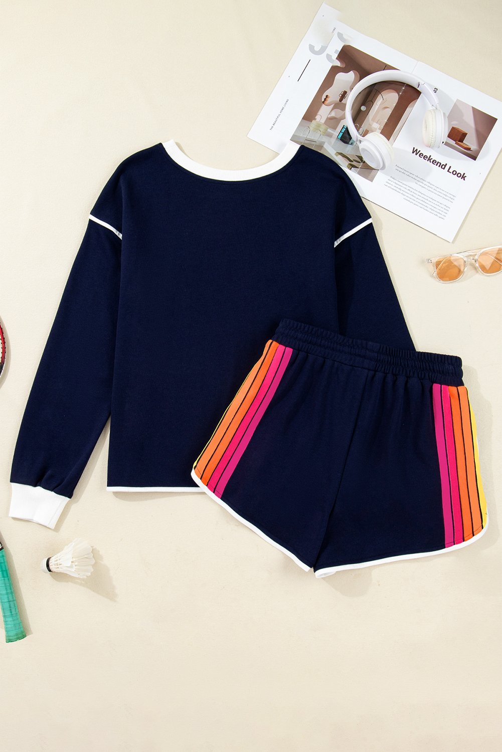 Bluing Colorful Striped Accent Varsity Long Sleeve Pullover and Shorts Matching Set Bluing Colorful Striped Accent Varsity Long Sleeve Pullover and Shorts Matching Set