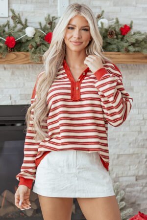 Red Stripe Buttoned V Neck Collared Drop Shoulder Top - Image 15