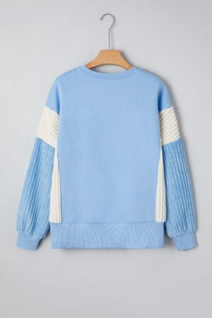 Beau Blue Sequin Nutcracker Textured Sleeve Patchwork Color Block Sweatshirt - Image 4