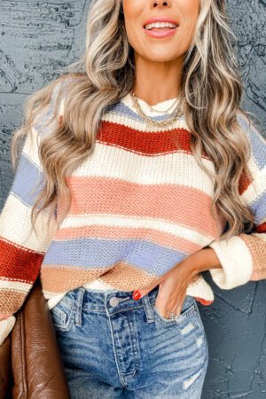 Pink Striped Colorblock Round Neck Drop Shoulder Sweater - Image 3
