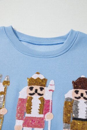 Beau Blue Sequin Nutcracker Textured Sleeve Patchwork Color Block Sweatshirt - Image 9