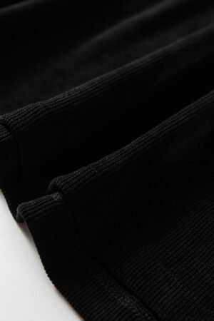 Black Solid Color Textured Knit Drop Shoulder Pullover Drawstring Shorts Set - Image 6
