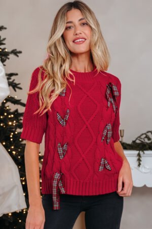 Fiery Red Plaid Lace up Detail Christmas Holiday Puff Short Sleeve Sweater - Image 4