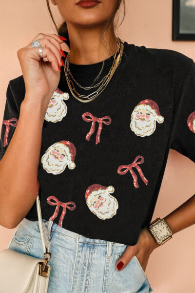 Black Sequin Christmas Bow Santa Claus Patched T Shirt