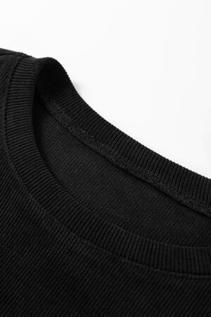 Black Solid Color Textured Knit Drop Shoulder Pullover Drawstring Shorts Set - Image 7