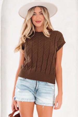 Dark Brown Cable Texture Crew Neck Short Sleeve Sweater Top - Image 14