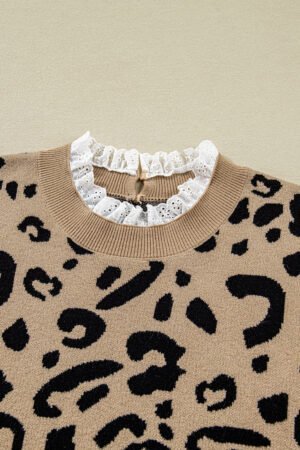 Brown Leopard Knitted Lacy Trim Cuffed Plus Size Sweater - Image 7