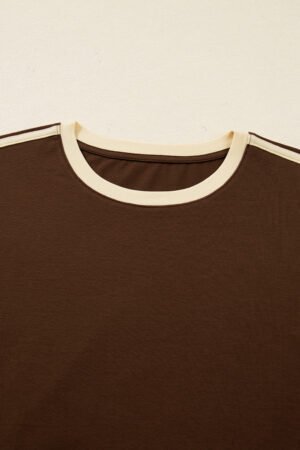 Dark Brown Varsity Striped Accent Contrast Crew Neck Long Sleeve T Shirt - Image 7