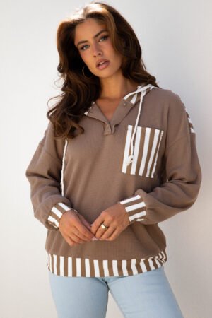Straw Yellow Waffle Texture Striped Patchwork Button Neck Drawstring Hoodie