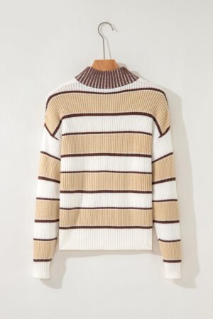 Khaki Stripe Half Zip Drop Shoulder Womens Sweater - Image 4