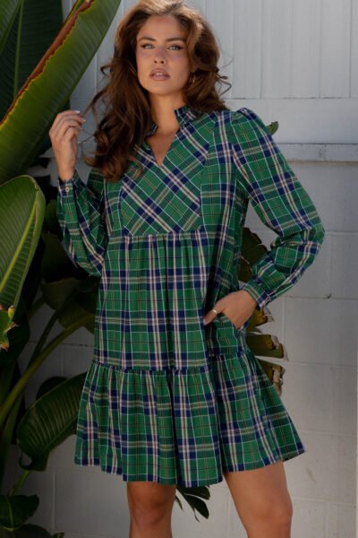 Green Plaid Print Frilly Collar Long Sleeve Shift Mini Dress