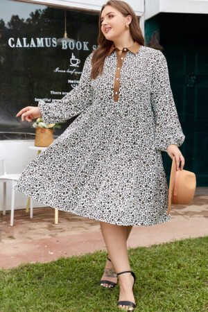 Khaki Plus Size Button V Neck Leopard Print Puff Sleeve Loose Mini Dress - Image 7