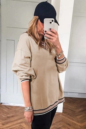 Parchment Varsity Contrast Striped Trim V Neck Sweatshirt - Image 4